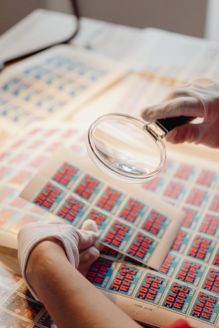 Person in gloves examining vintage stamps with magnifying glass, focusing on details and authenticity.